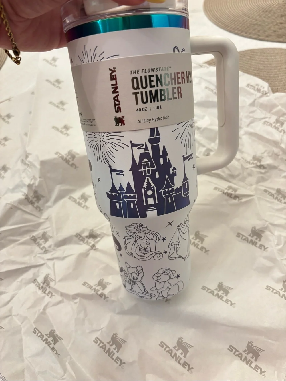 Stanley White Quencher Tumbler with Navy Castle & Character Artwork
